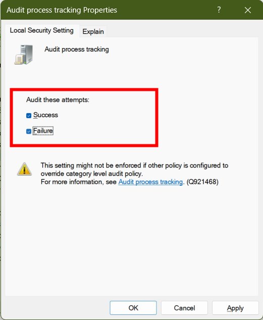 Настройки Audit process tracking — Success и Failure