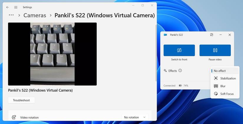 Предпросмотр камеры Android в Windows через Phone Link.