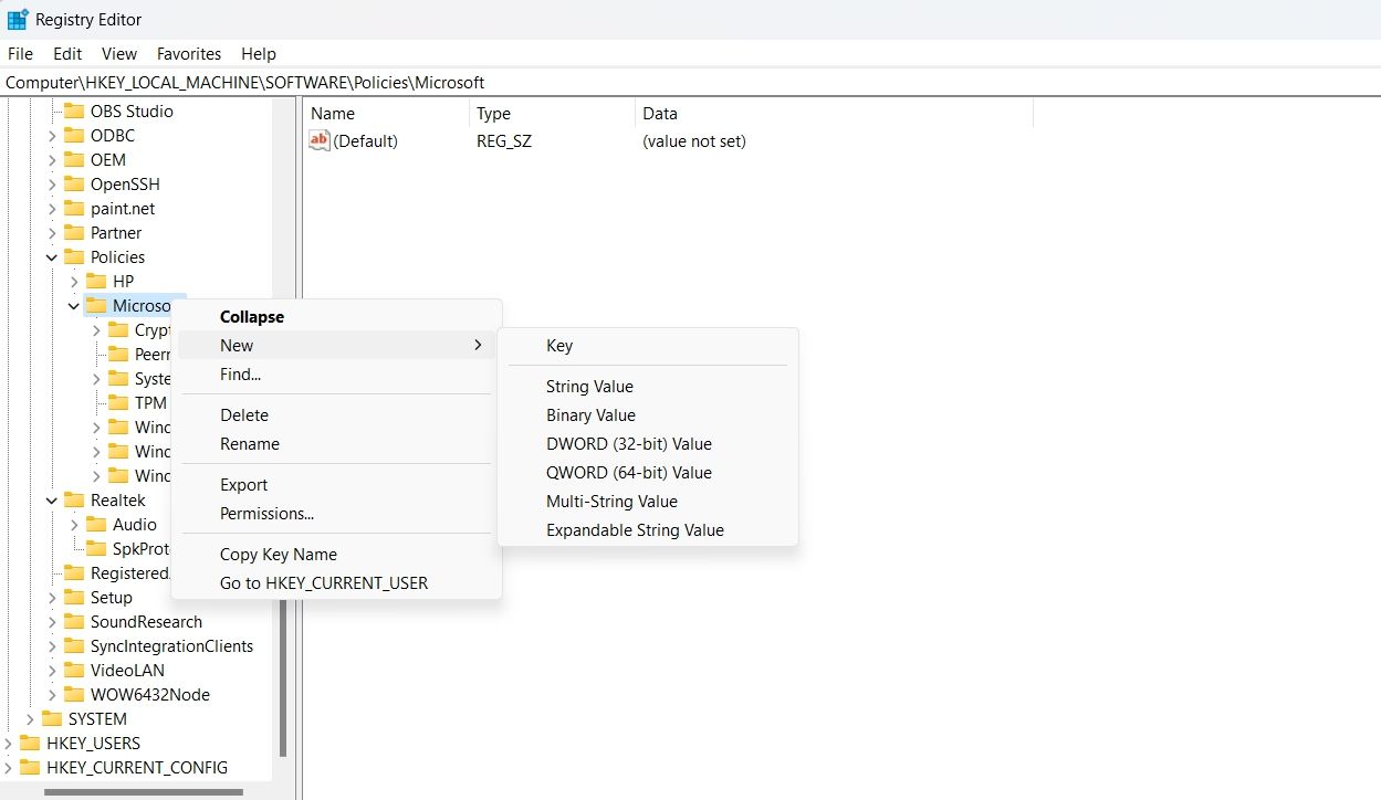 Опция создания ключа в Редакторе реестра