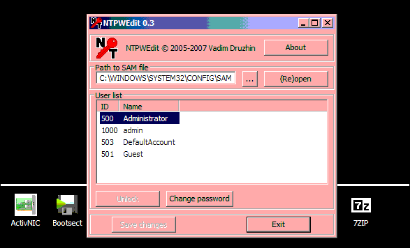 Откройте файл SAM в NTPWEdit, разблокируйте учётную запись и измените пароль