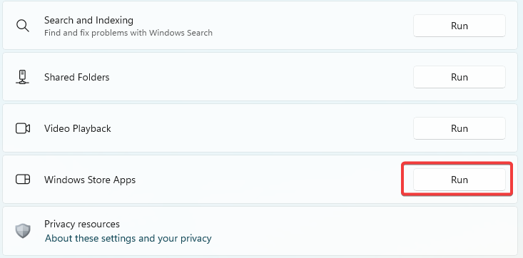Кнопка Запустить для устранения неполадок приложений Магазина Windows