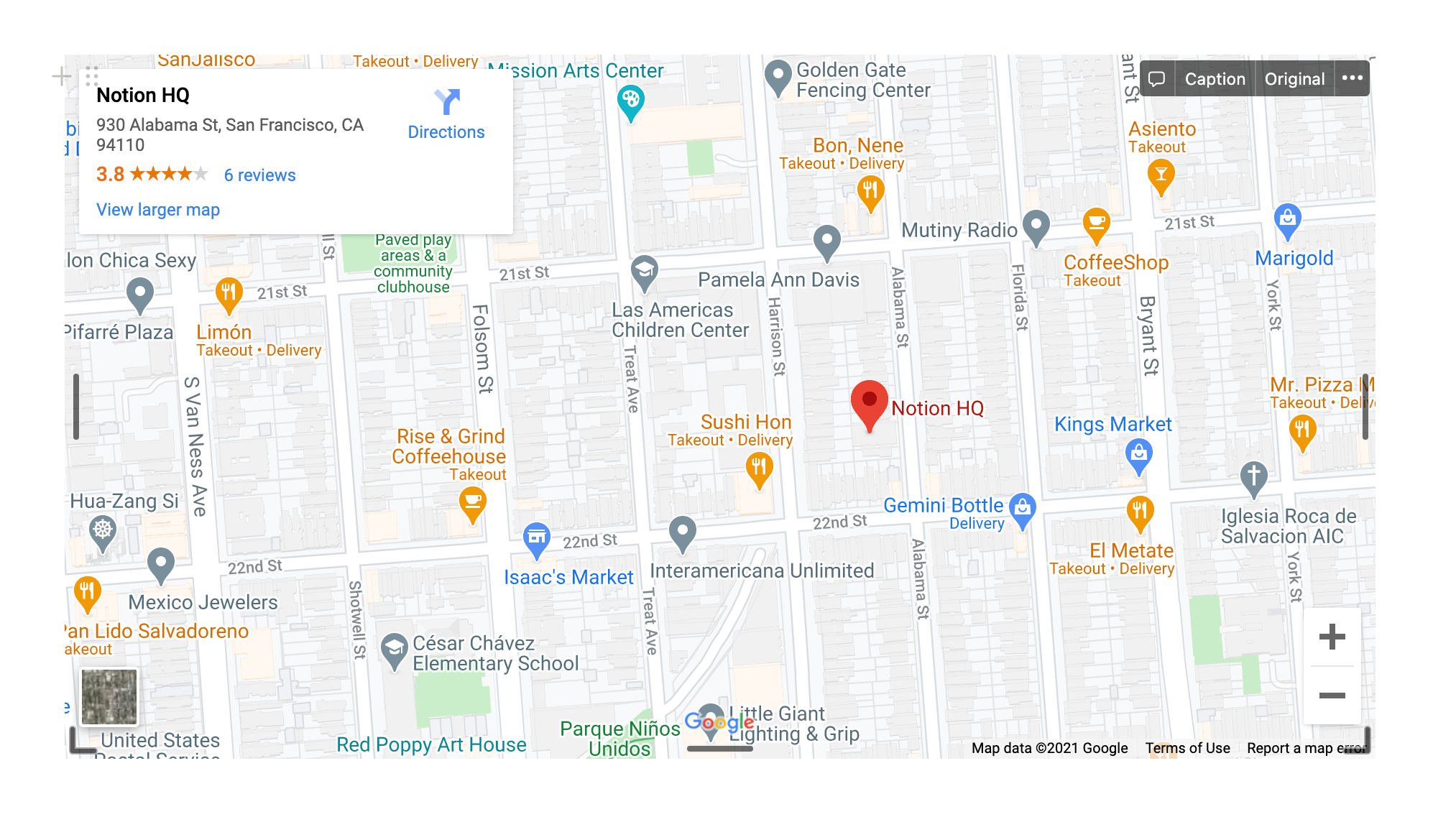 Встраивание Google Maps с расположением штаб‑квартиры Notion