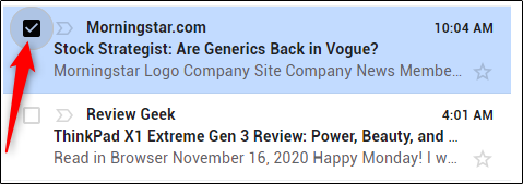 Флажок рядом с письмом для выбора