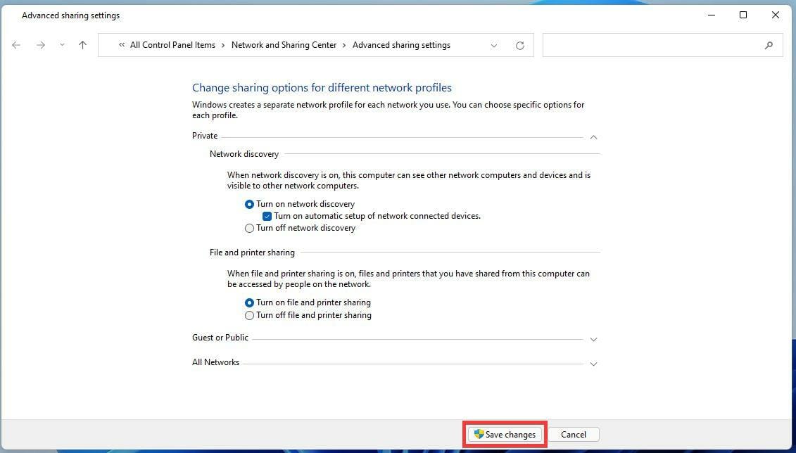 Кнопка Save changes для подтверждения включения File and Printer Sharing