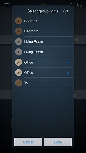 Выбор ламп для группы — отметьте нужные и нажмите Done