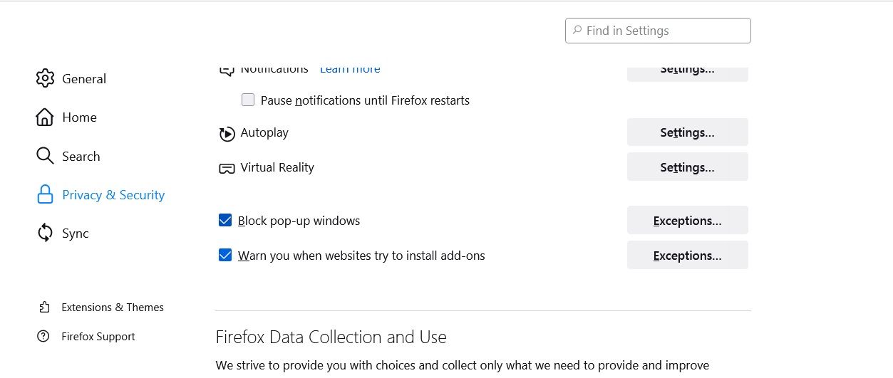 Пример включённой блокировки всплывающих окон в Firefox