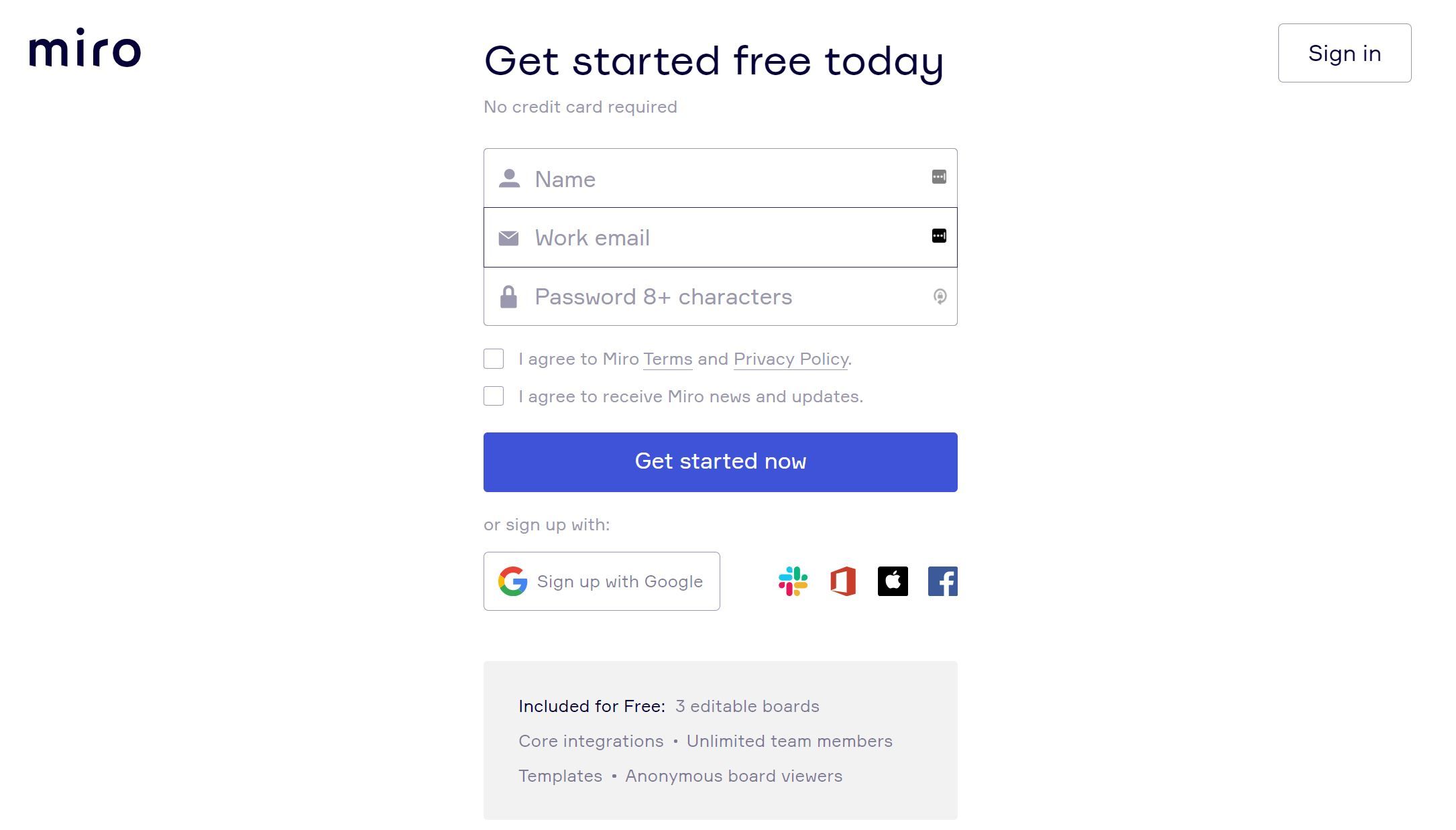 Форма регистрации в Miro с полями для имени и почты