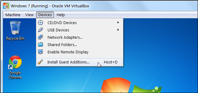 Меню Devices в VirtualBox: установка Guest Additions