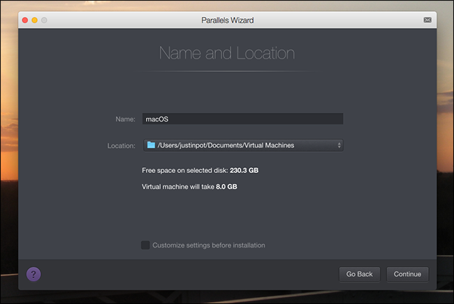 Настройка имени и расположения виртуальной машины macOS в Parallels