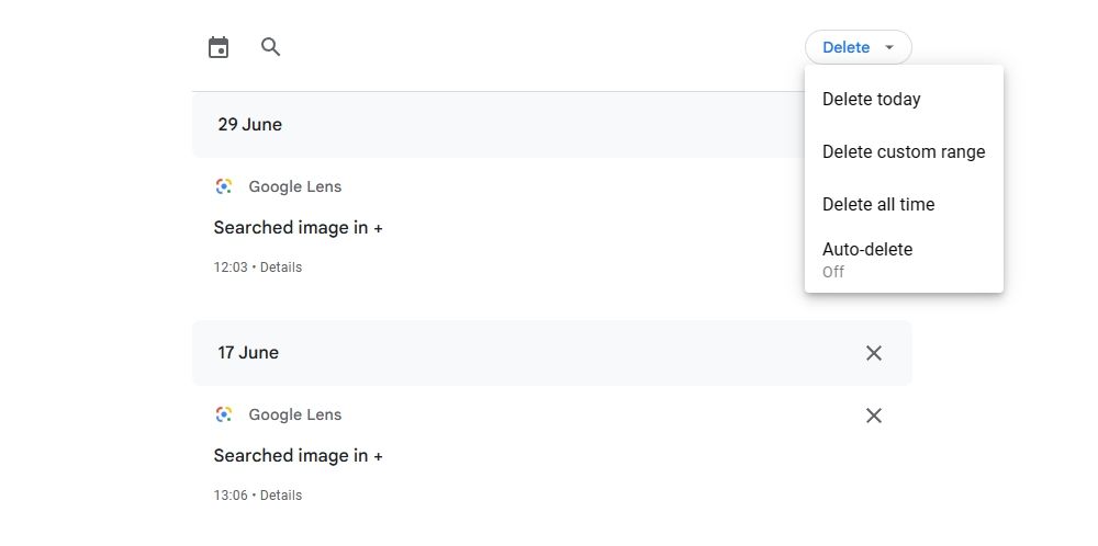 Опция удалить за всё время на странице Google Моя активность