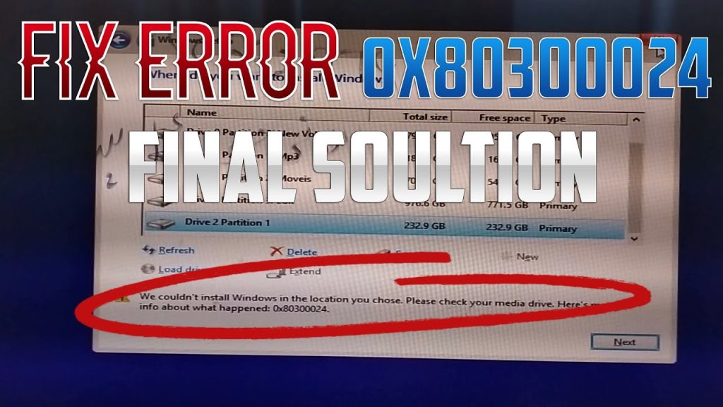 Фото: экран с уведомлением об ошибке установки Windows 0x80300024
