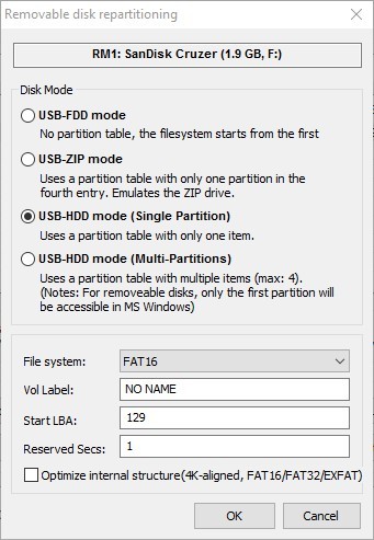 Выбор режима мультиразделов в Bootice