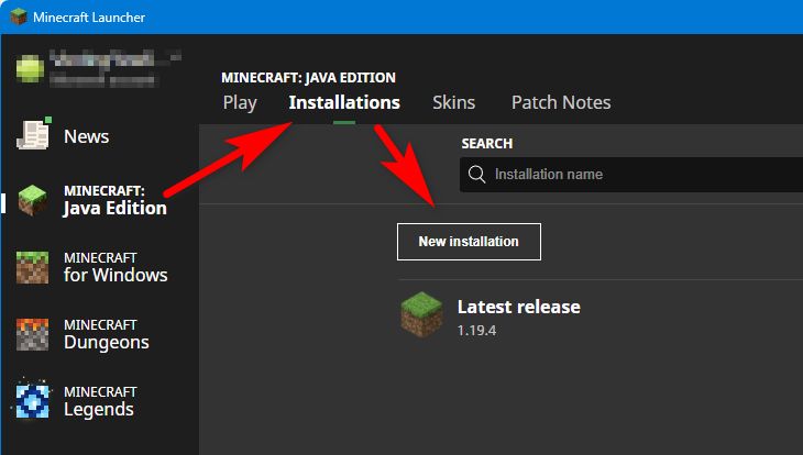 Окно 'Установки' в лаунчере Minecraft для добавления новой версии