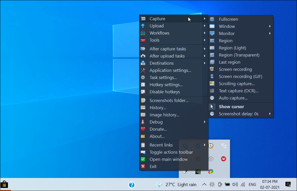 Окно ShareX — расширенные опции захвата и экспорта