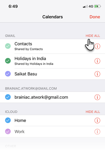 Hide the Google Calendars on iPhone