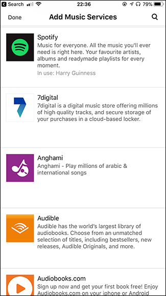 Список сервисов в приложении Sonos, выделен Audible