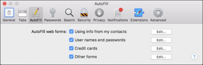 Вкладка «Автозаполнение» в настройках Safari с перечнем типов данных