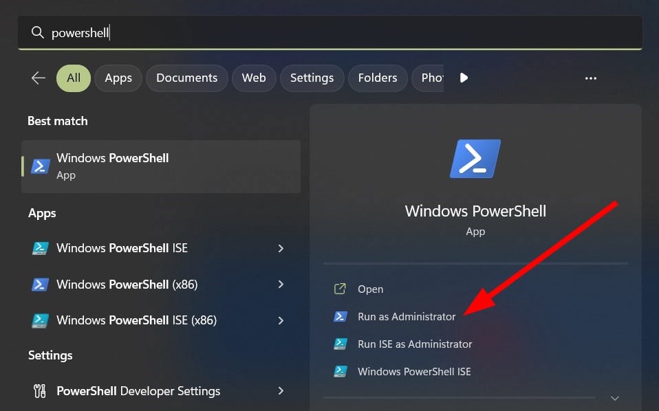 PowerShell с правами администратора в результатах поиска меню Пуск