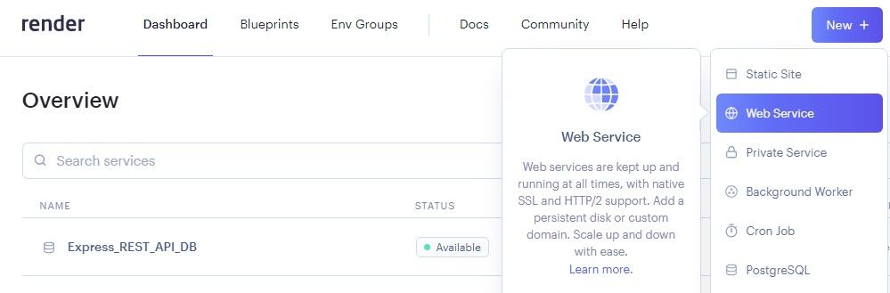 Выпадающее меню с опцией Web Service на Render
