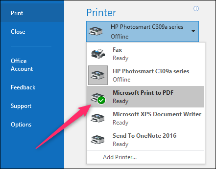 Выбор принтера Microsoft Print to PDF