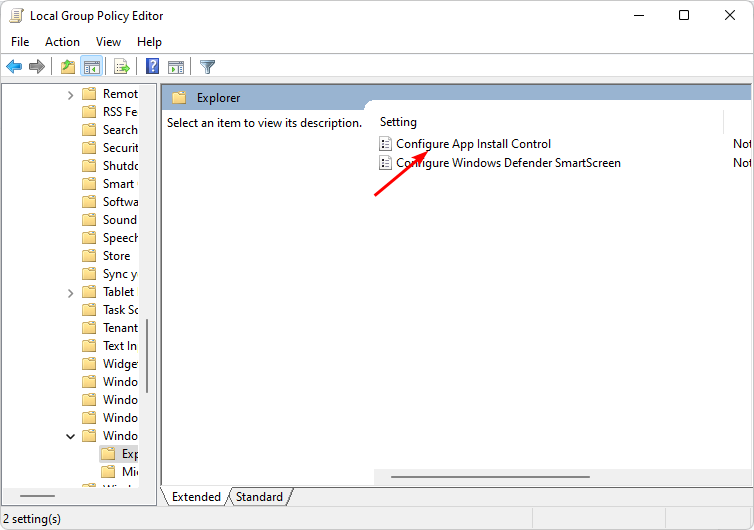 Параметр Configure App Install Control в редакторе групповой политики