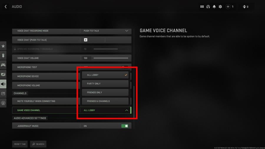Опция выбора голосового канала в Warzone — смена игрового голосового канала