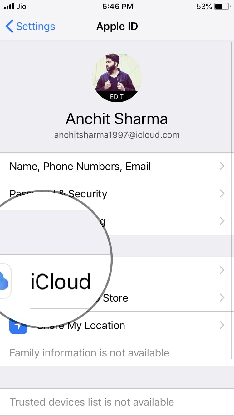 Список сервисов iCloud, пункт «Найти iPhone» виден в списке