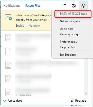 Выпадающее меню Dropbox с информацией о месте в Windows