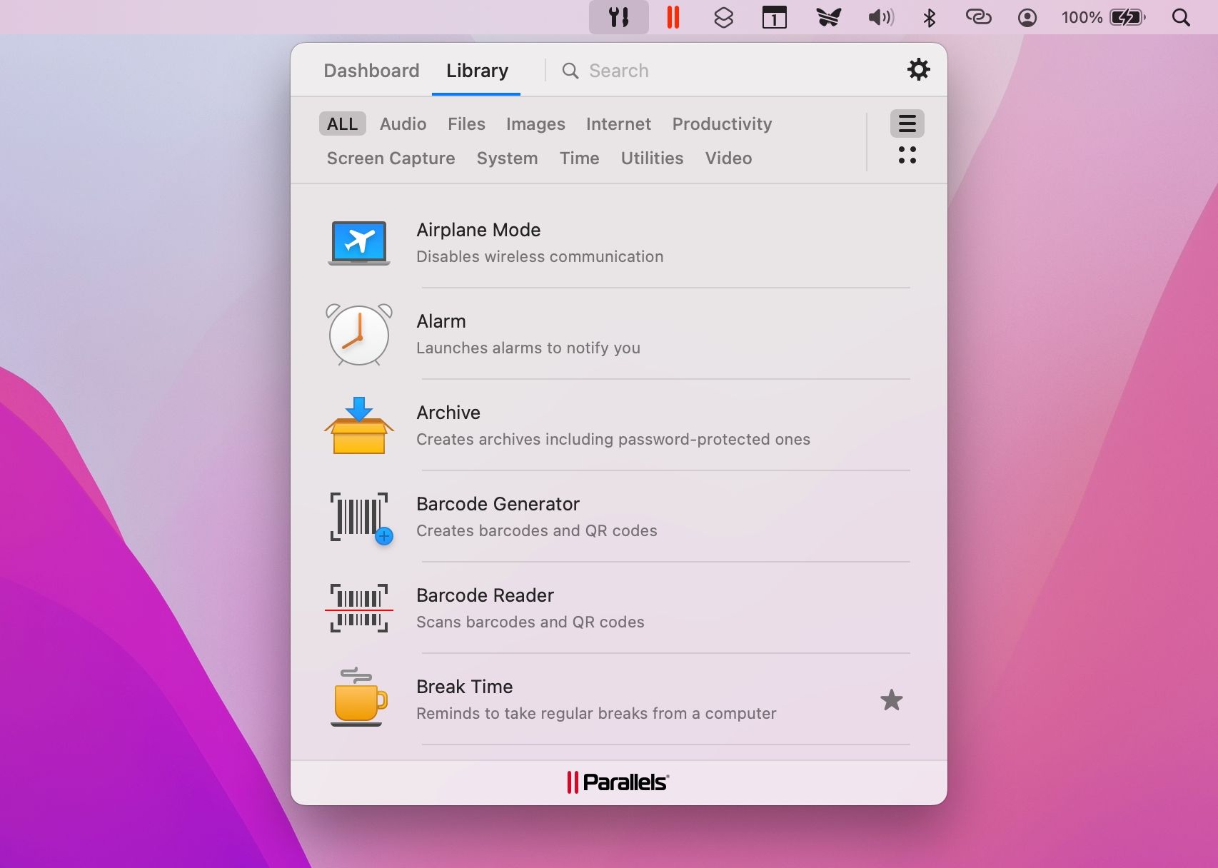 Доступ к Parallels Toolbox через строку меню macOS