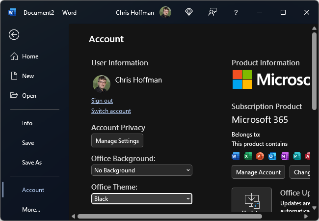 Выбор темы 'Black' для максимально тёмной темы Office