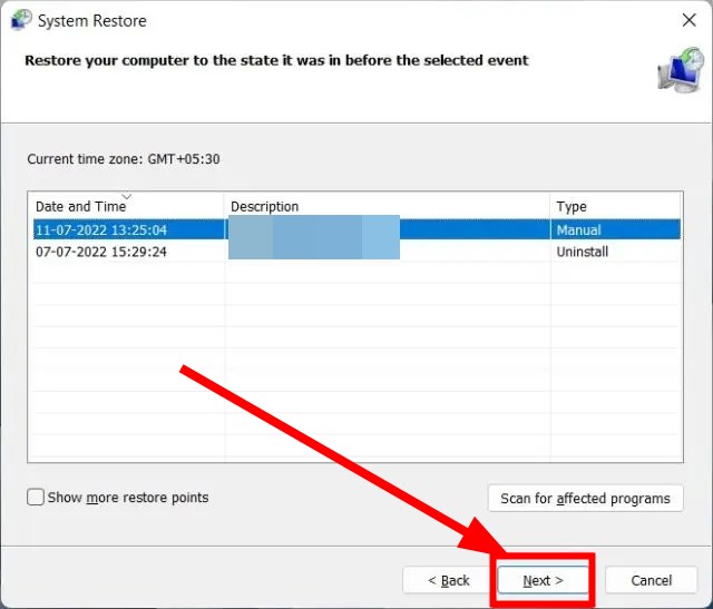 Выбор точки восстановления системы