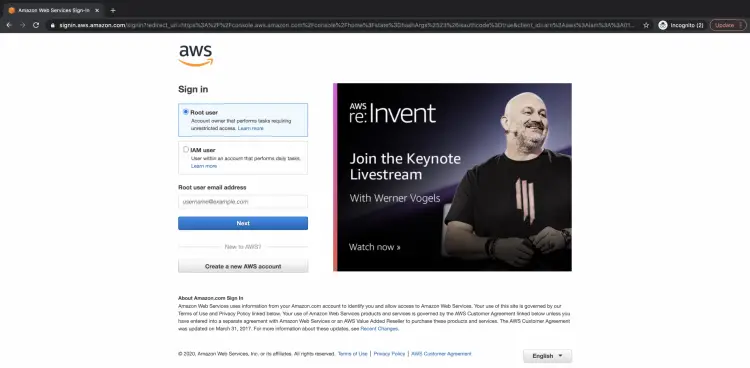 Страница входа в AWS
