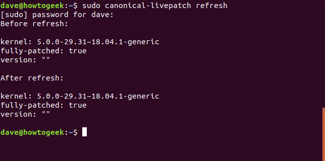 Вывод sudo canonical-livepatch refresh в терминале