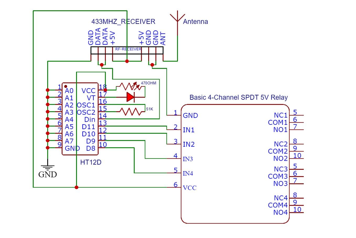 Схема приёмника 433MHz с HT12D и четырёхканальным реле