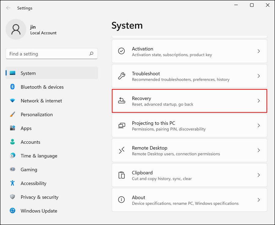 Параметр Восстановление в настройках Windows