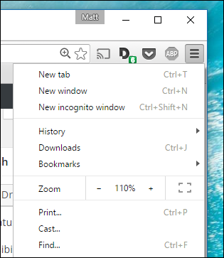Окно Google Chrome с меню инкогнито в правом верхнем углу