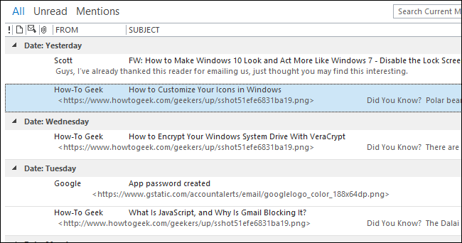 Вид списка писем после отключения панели чтения в Outlook для Windows