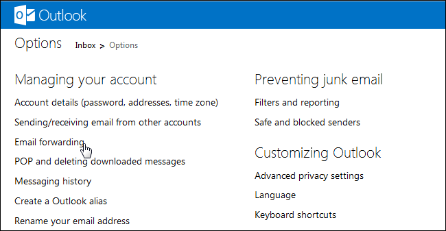 Настройка переадресации в Outlook.com
