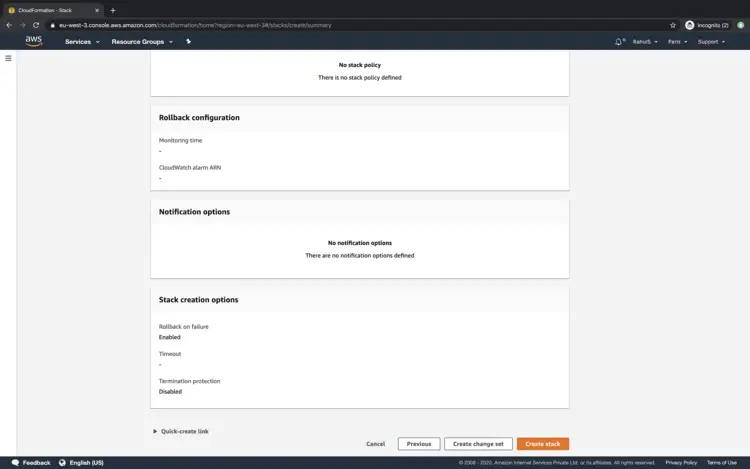 Статус создания стэка