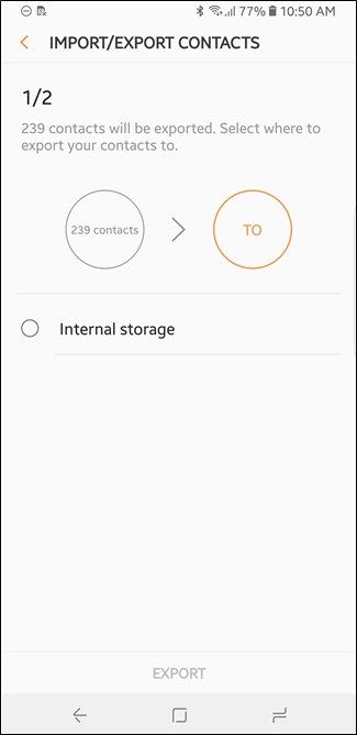 Скриншот: выбор места сохранения и кнопка Экспорт в Samsung Contacts