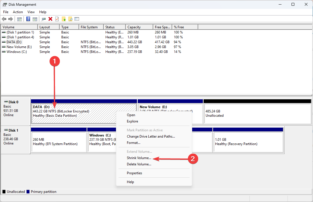 Опция Shrink Volume в Управлении дисками Windows