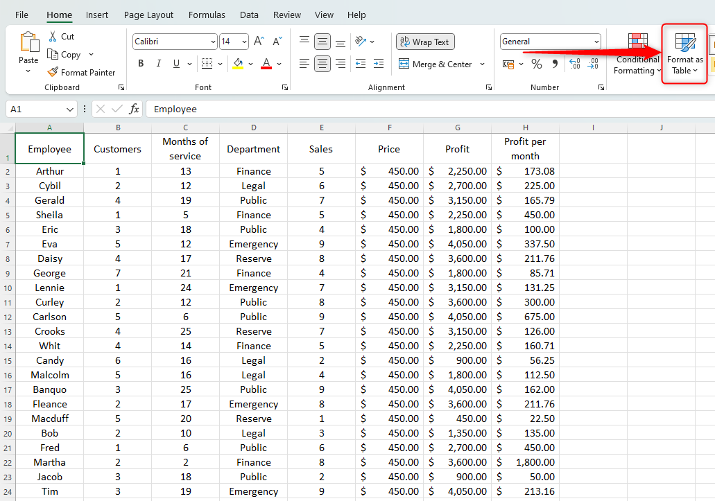 Лист Excel с выделенным пунктом Формат как таблицу.