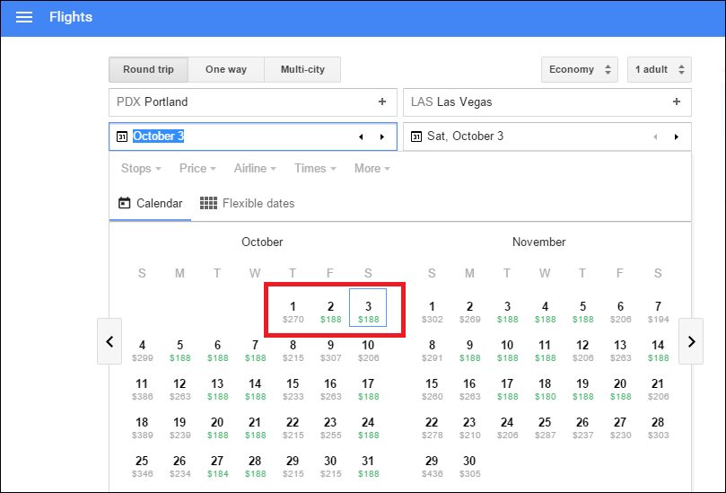 Графики цен в Google Flights для выбора лучшего дня вылета