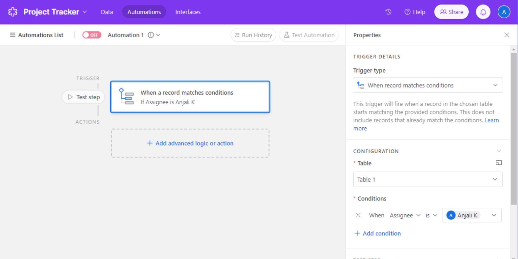 Скриншот конфигурации триггера в Airtable