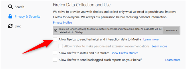 Снимите флажок, чтобы отключить сбор телеметрии.