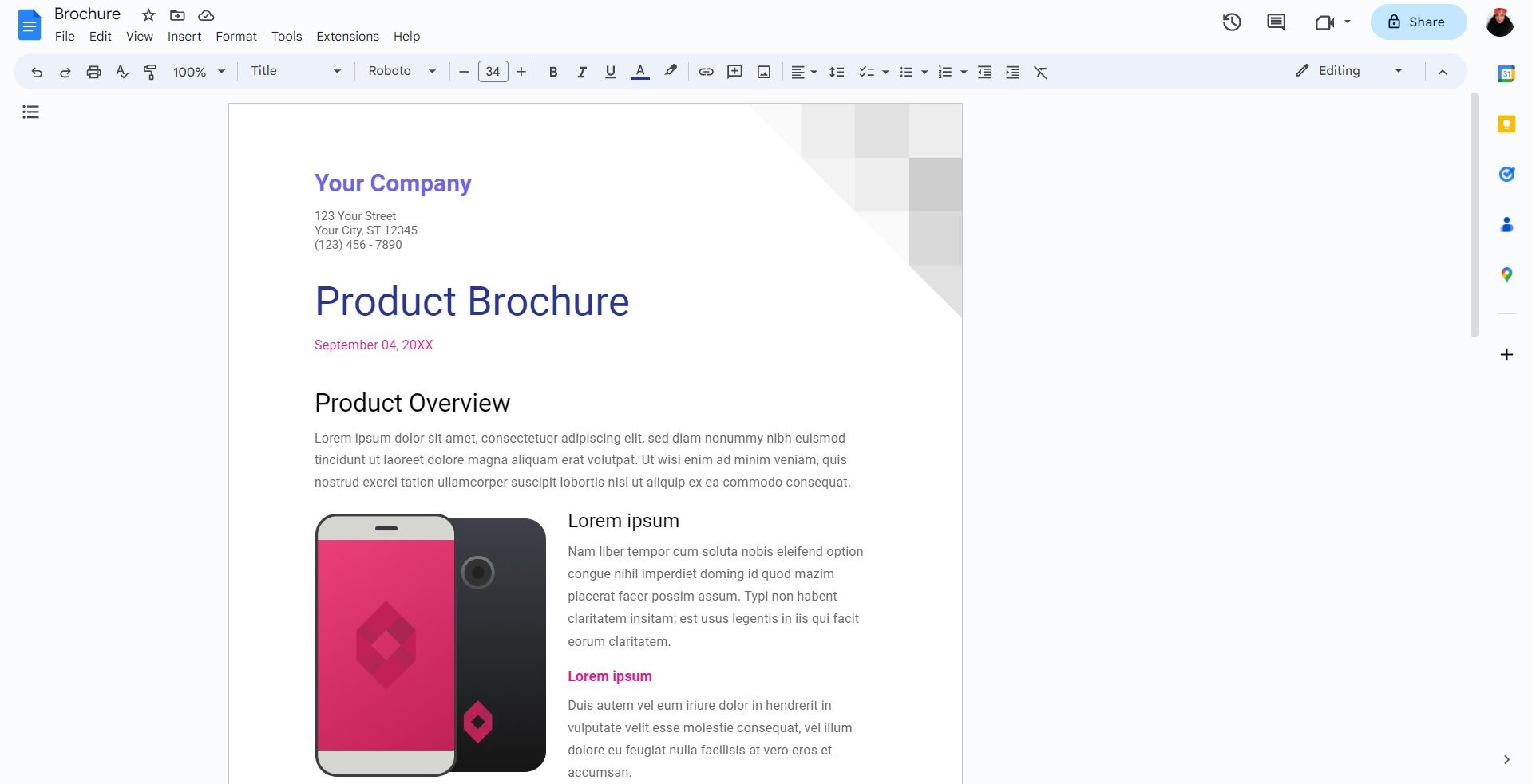 Редактирование шаблона брошюры в документе Google Docs