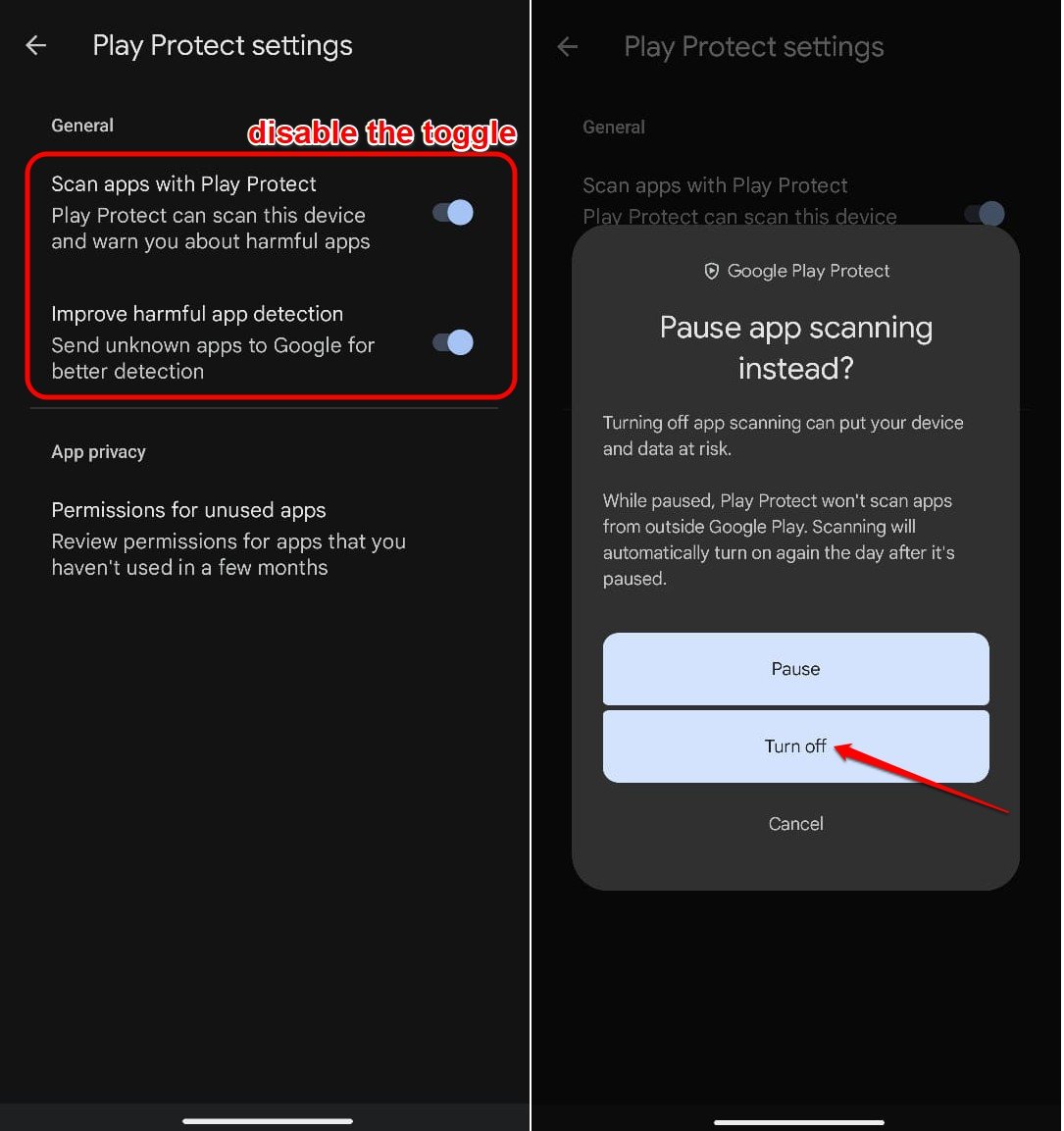 turn off Play Protect on Android 15