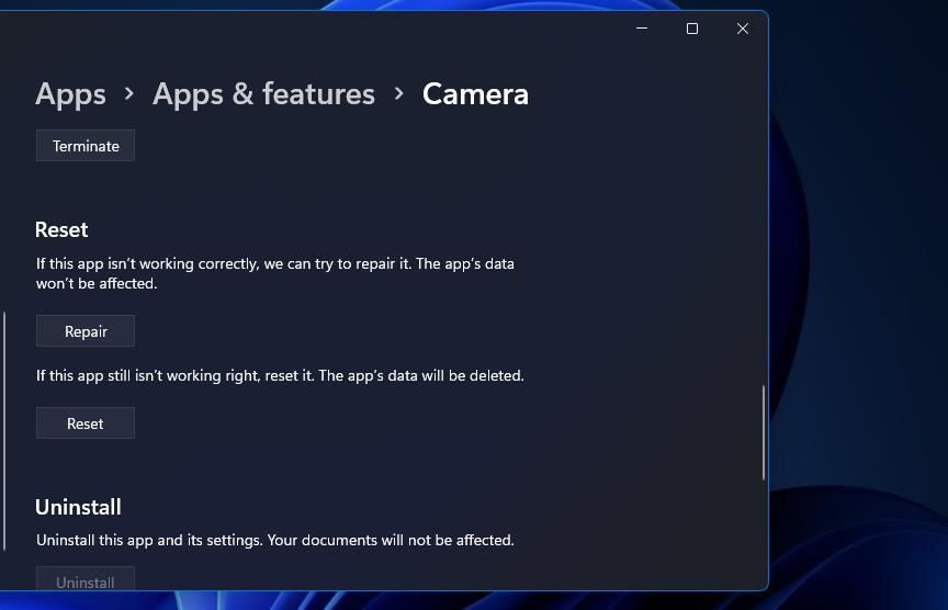 Кнопка «Восстановить» для приложения Камера в настройках Windows