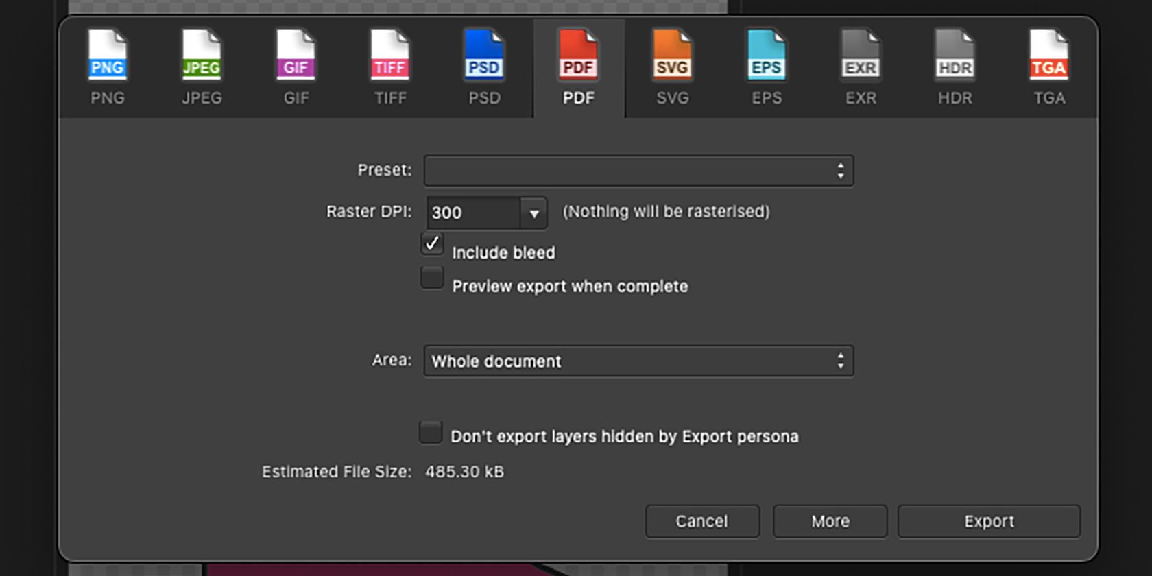 Настройки экспорта PDF в Affinity Designer.