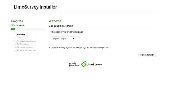 Экран приветствия установщика LimeSurvey